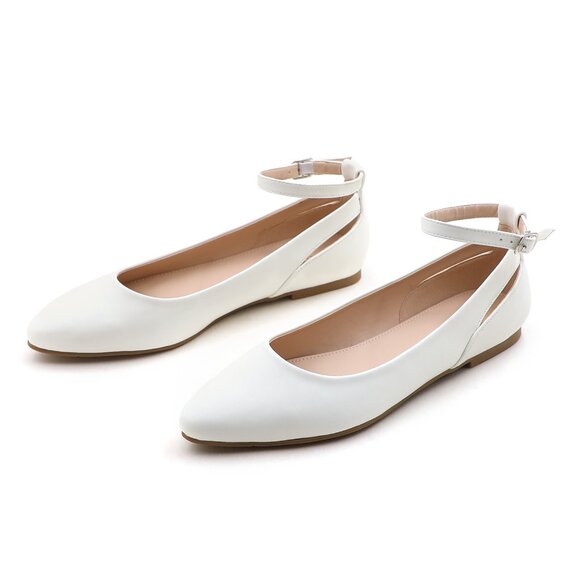 LURNYET Women's WHITE PU Casual Ankle Strap Pointed Toe Ballet Flats Shoes - Picture 3 of 5